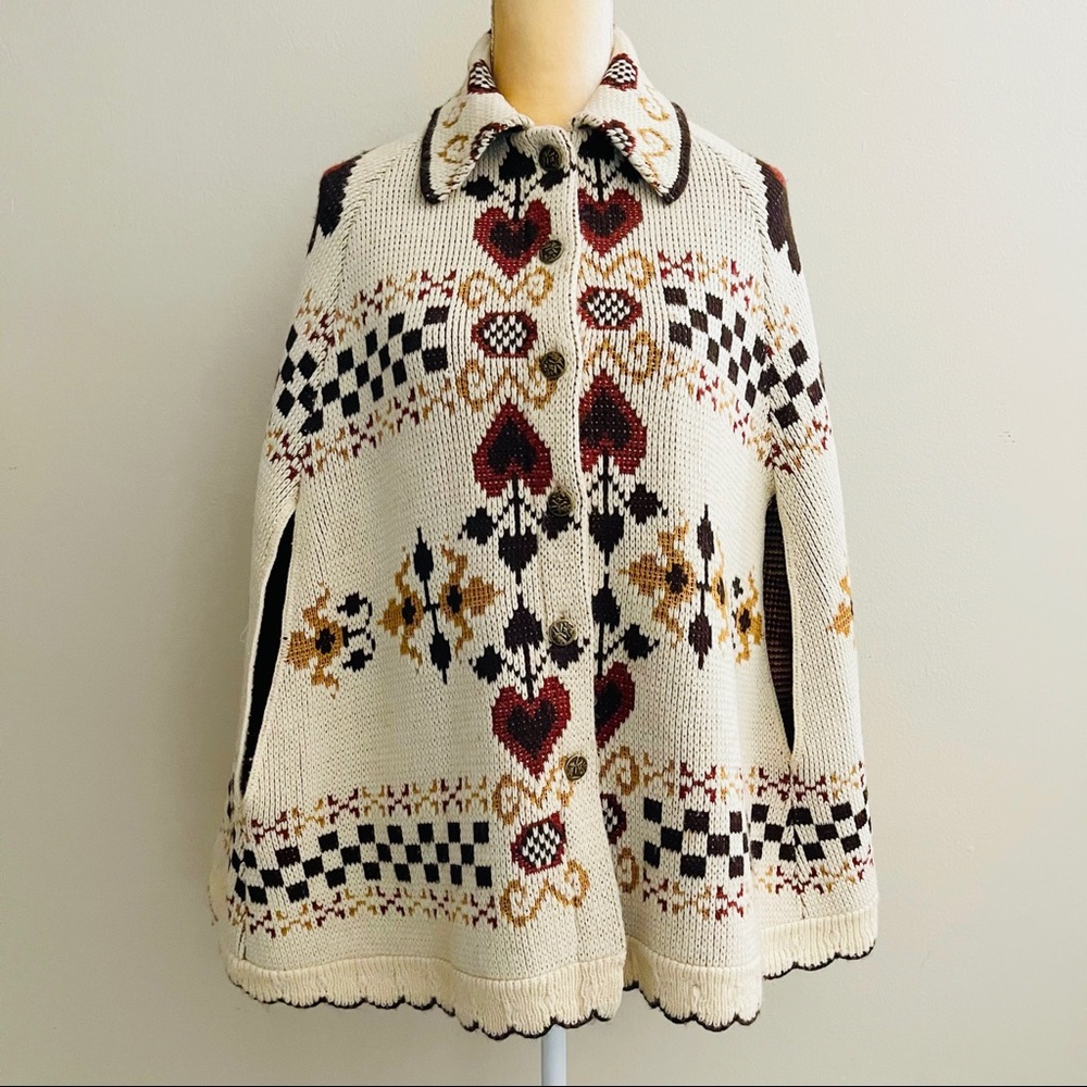 Vintage Cream Knit Cape with Red, Black & Gold Motif